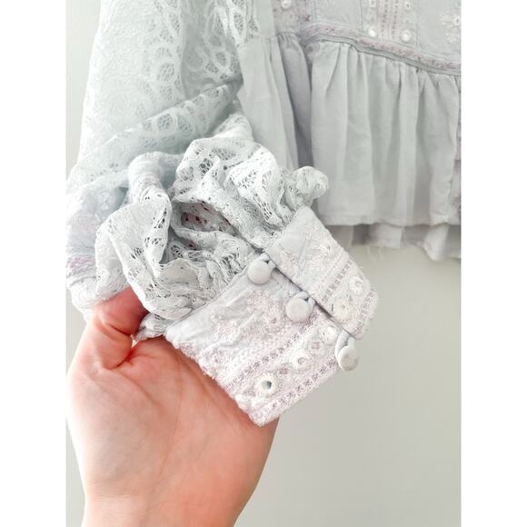 Free People Boogie All Night Eyelet Top Medium Silver Gray Balloon Sleeve Boho - Picture 8 of 11